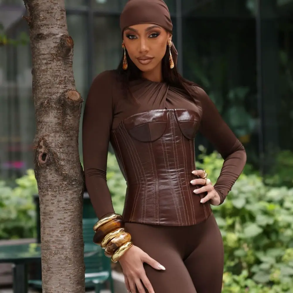 Brown Leather Corset Over Jersey Top — Trendy Corset Outfits