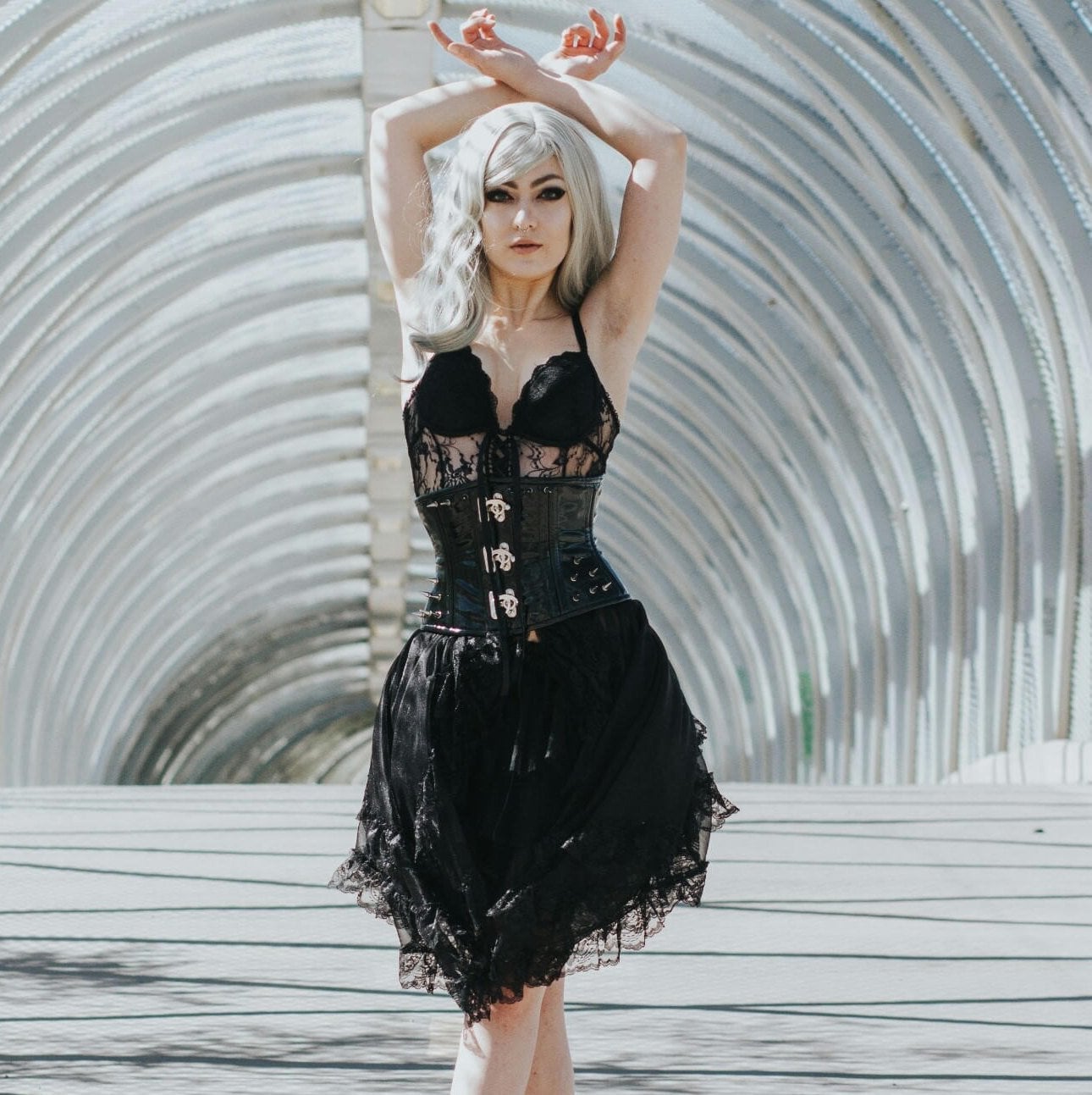 Black Leather Corset With Lace Skirt, Close-Up Take — Trendy Corset Outfits