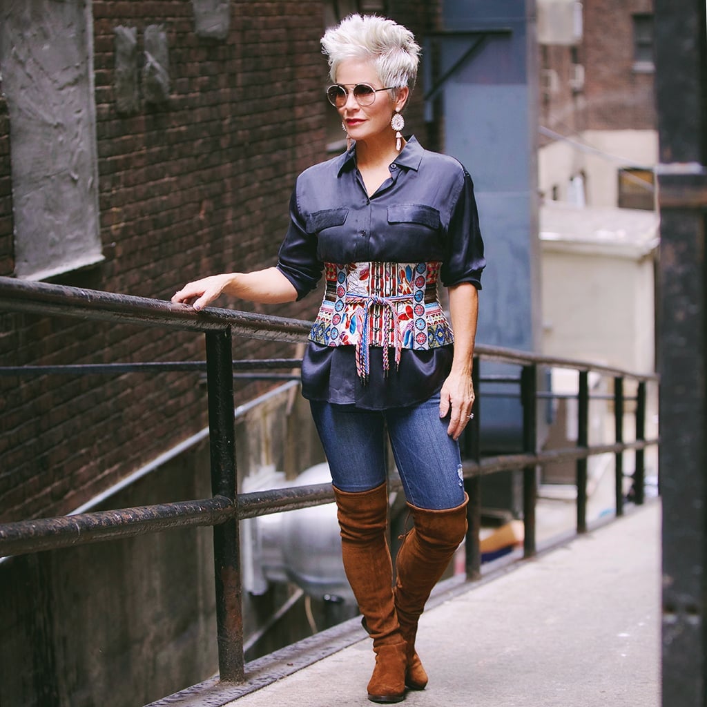 Corset Belt Over Silk Blouse With Jeans — Trendy Corset Outfits