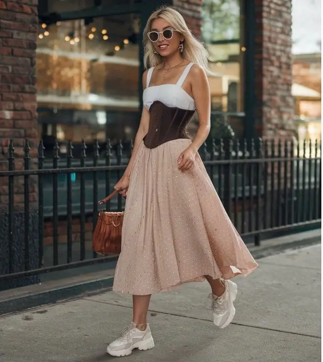 Brown Leather Corset Over Turtleneck — Trendy Corset Outfits