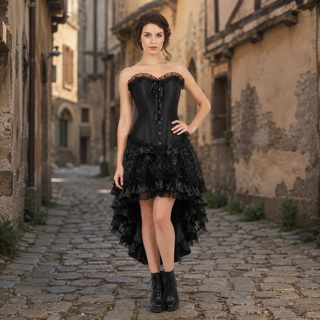Steampunk Corset Dress With Ruffled Skirt and Black Lace-Up Boots — Trendy Corset Outfits