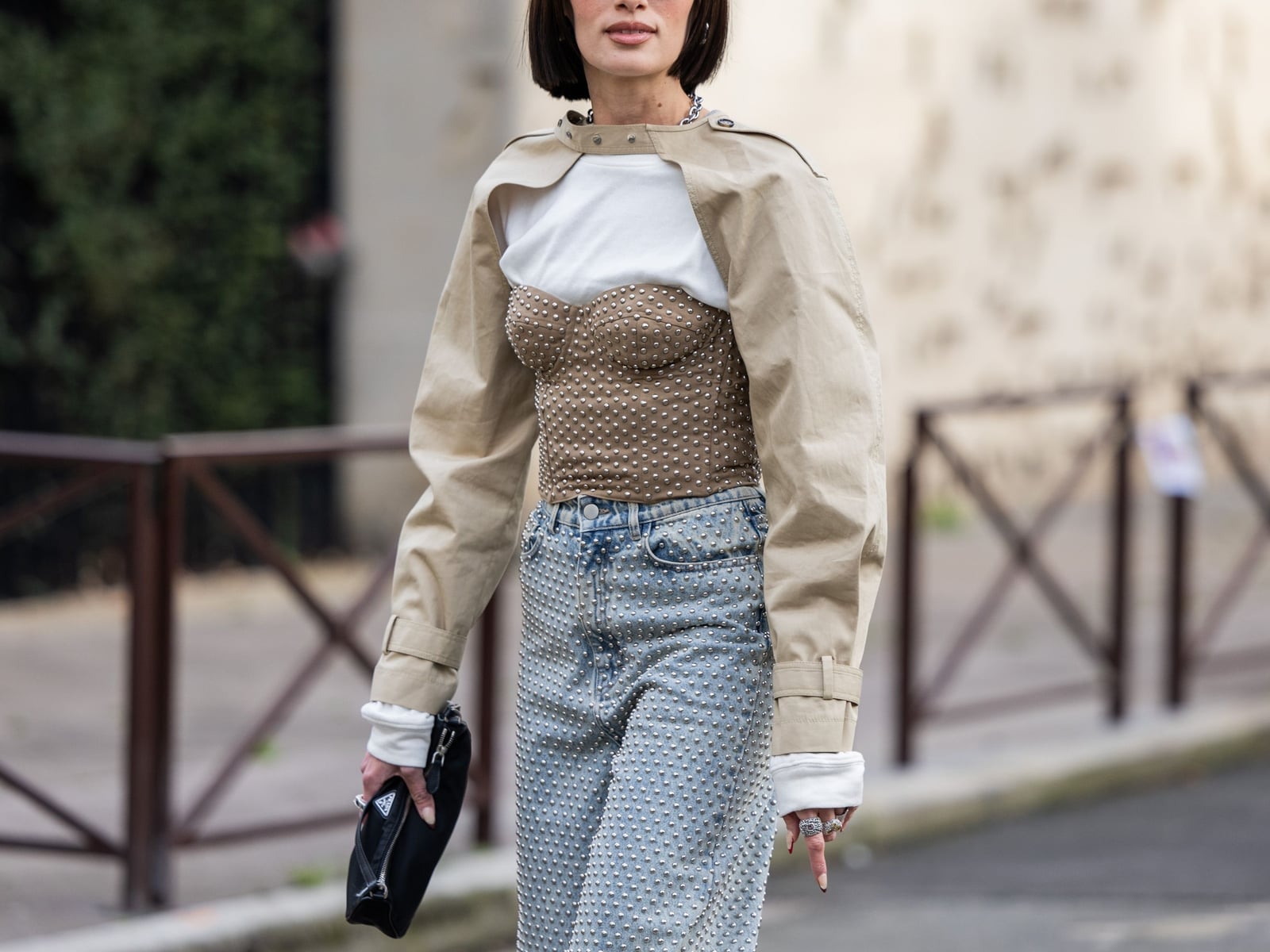 Studded Corset Over T-Shirt With Jacket — Trendy Corset Outfits