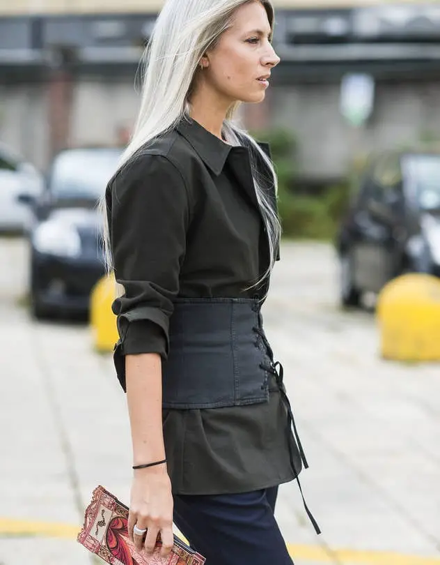 Corset Belt Over Button-Up Shirt — Trendy Corset Outfits