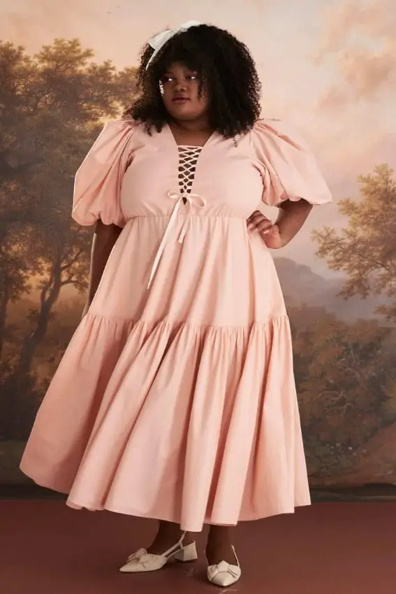 Pale Pink Tiered Dress with Dramatic Puff Sleeves Pale Pink Tiered Dress with Dramatic Puff Sleeves — Trendy Cottagecore Outfits