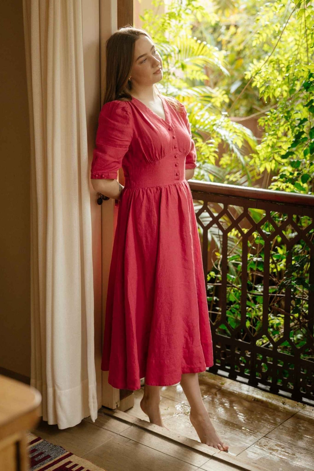 Pink Fit-And-Flare Midi Dress with Puff Sleeves Pink Fit-And-Flare Midi Dress with Puff Sleeves — Trendy Cottagecore Outfits