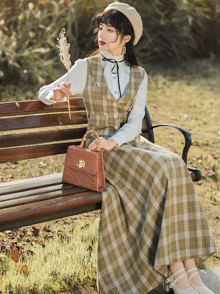 Plaid Vest and Maxi Skirt with White Blouse Plaid Vest and Maxi Skirt with White Blouse — Trendy Cottagecore Outfits