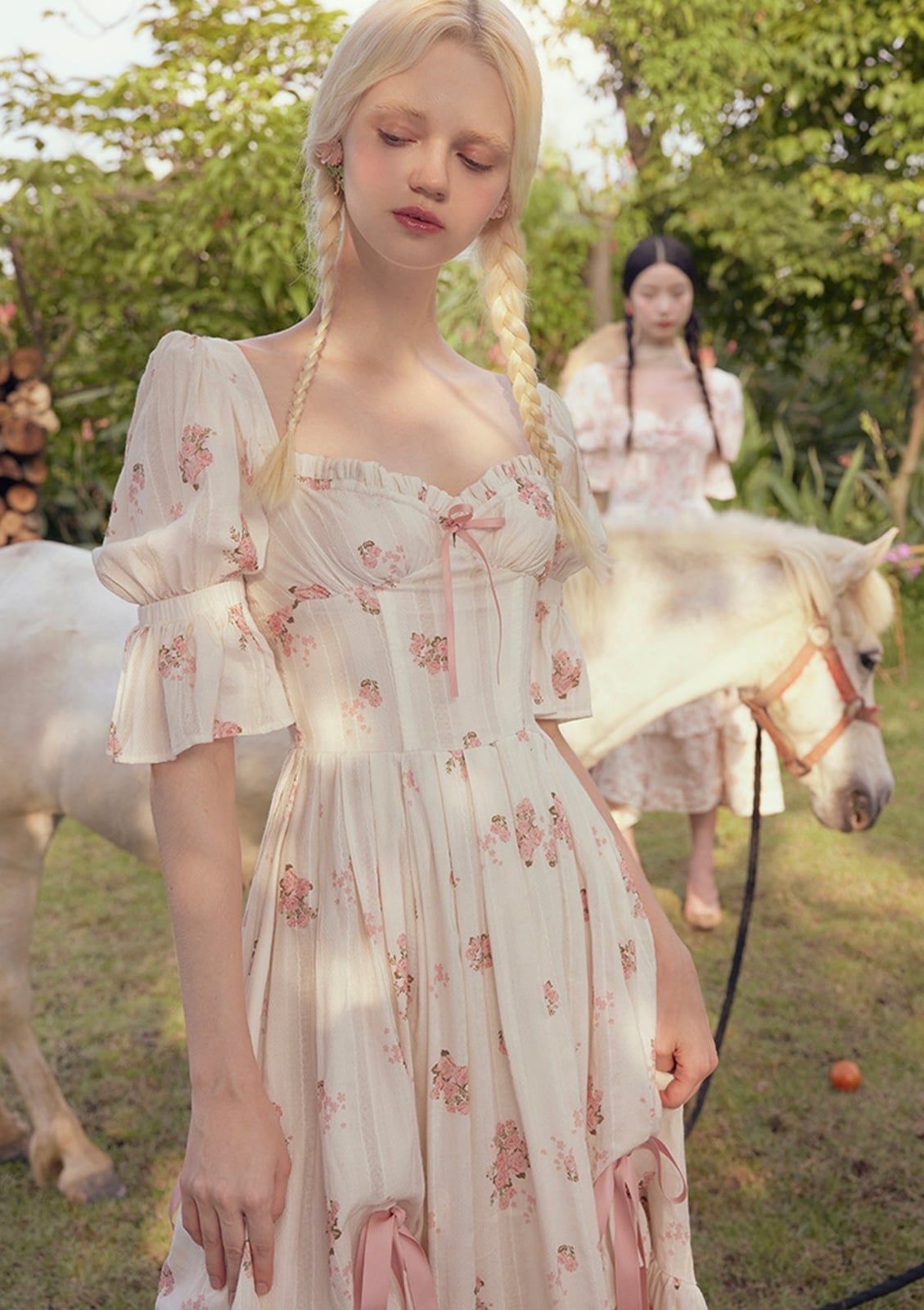 Cream Floral Midi Dress with Ribbon Details and Featuring Puff Sleeves Cream Floral Midi Dress with Ribbon Details and Featuring Puff Sleeves — Trendy Cottagecore Outfits