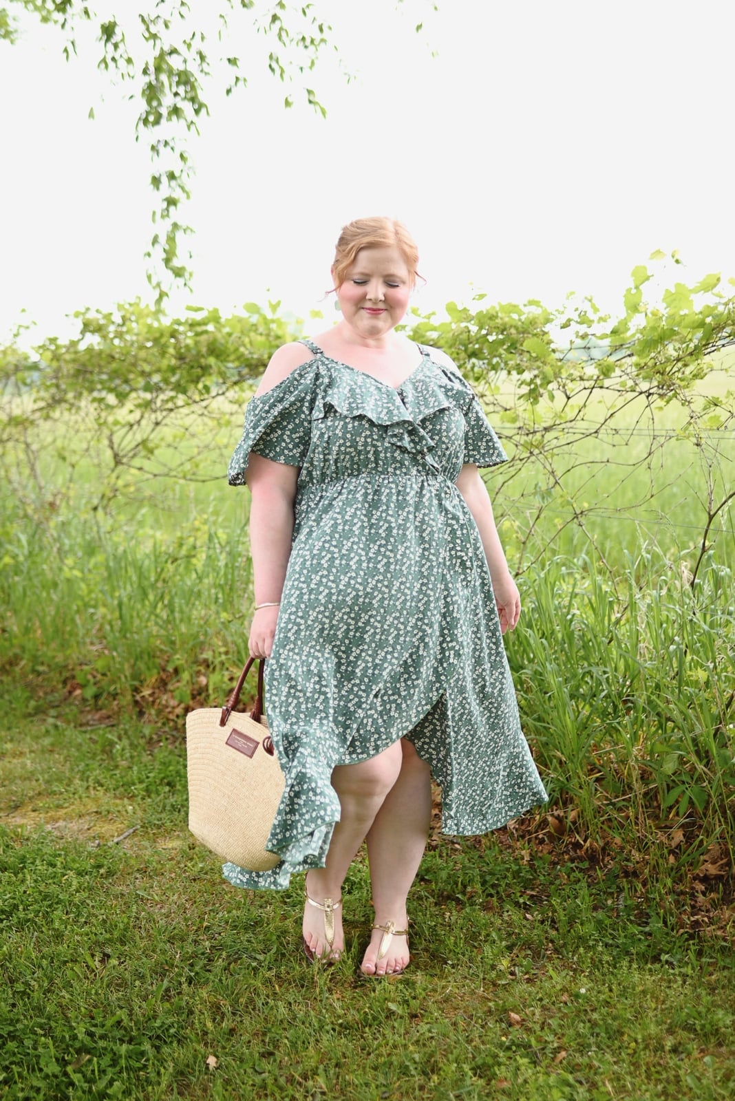 Green Floral Dress with Cold Shoulder Sleeves and A-Line Wrap Skirt Green Floral Dress with Cold Shoulder Sleeves and A-Line Wrap Skirt — Trendy Cottagecore Outfits