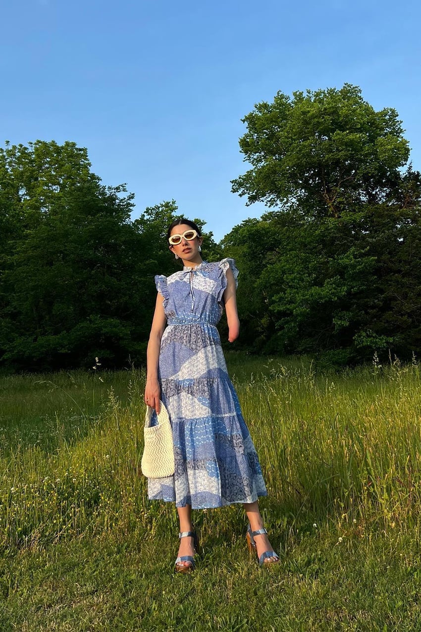 Blue Patchwork Tiered Dress with Ruffled Sleeves, Close-Up Take Blue Patchwork Tiered Dress with Ruffled Sleeves, Close-Up Take — Trendy Cottagecore Outfits