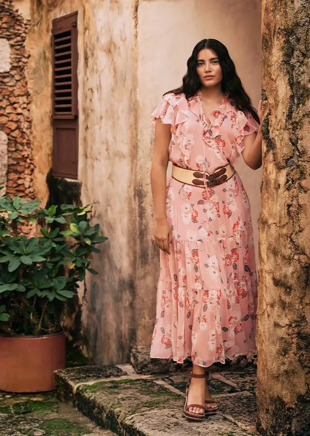 Pink Floral Maxi Dress with Tiered Ruffles Pink Floral Maxi Dress with Tiered Ruffles — Trendy Cottagecore Outfits