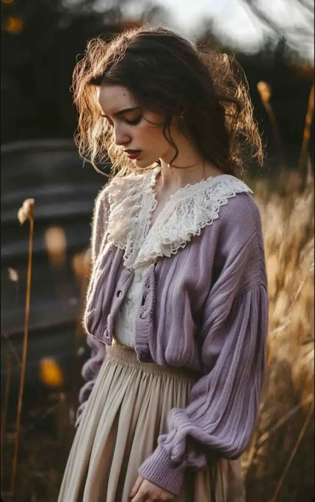 Lilac Cardigan Over a Lace-Collar Blouse Lilac Cardigan Over a Lace-Collar Blouse — Trendy Cottagecore Outfits