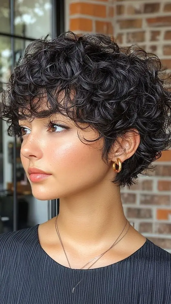 Short Black Curly Pixie Bob With Textured Bangs Short Black Curly Pixie Bob With Textured Bangs — Trendy Curly Hair