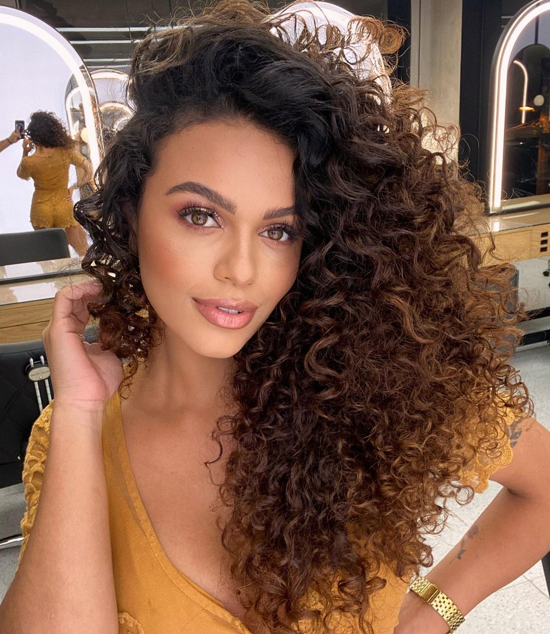 Mid-Back Layered Dark Brown Curls With Balayage Mid-Back Layered Dark Brown Curls With Balayage — Trendy Curly Hair