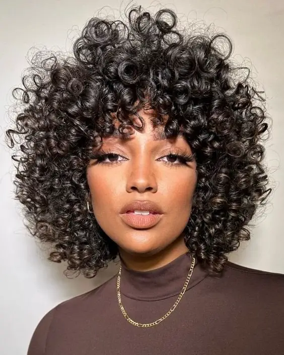 Dark Brown Bob With Defined Curly Bangs Dark Brown Bob With Defined Curly Bangs — Trendy Curly Hair