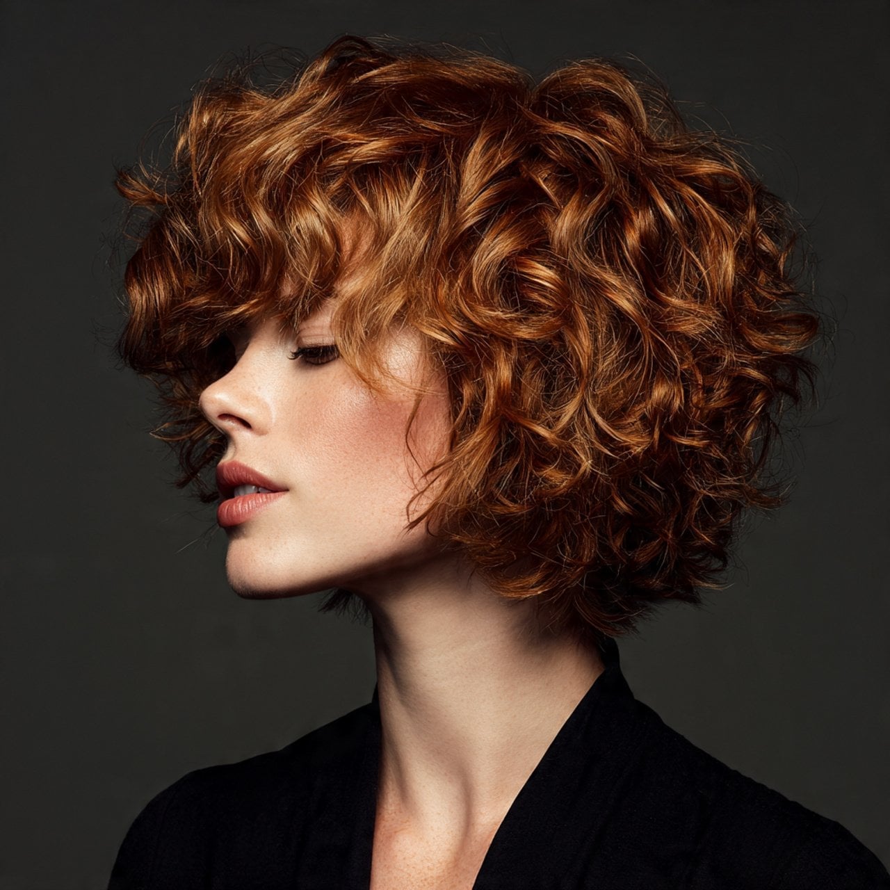 Chin Length Auburn Bob With Short Bangs — Trendy Curly Hair Color