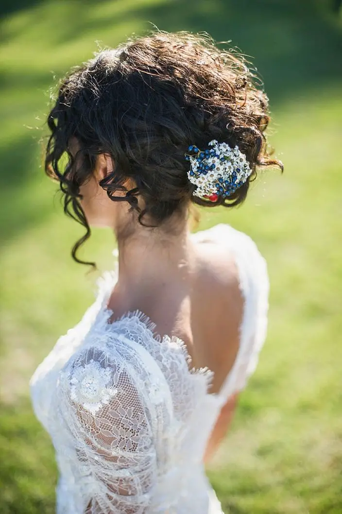Dark Brown Updo With Loose Curls Dark Brown Updo With Loose Curls — Trendy Curly Hair Wedding