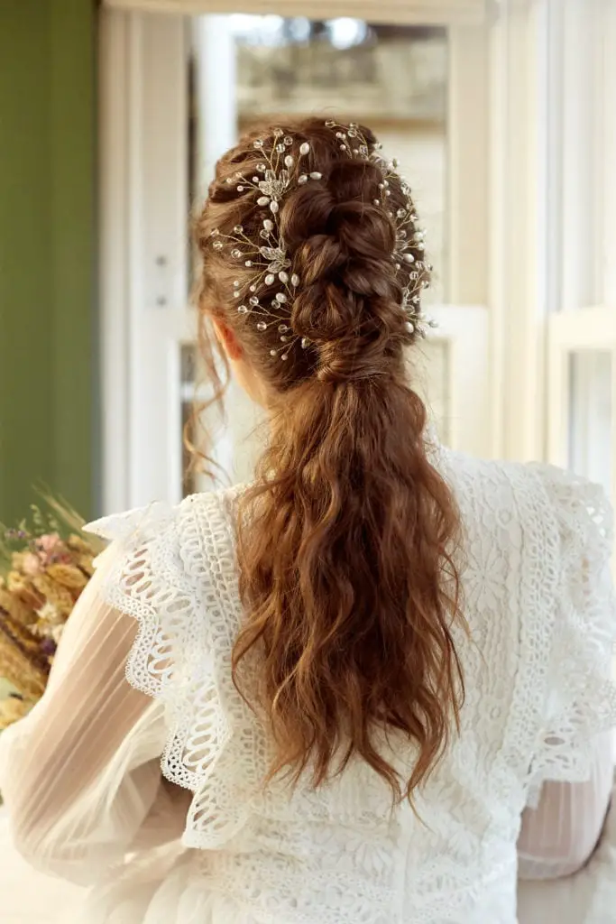 Medium Brown Braided Ponytail With Pearls Medium Brown Braided Ponytail With Pearls — Trendy Curly Hair Wedding