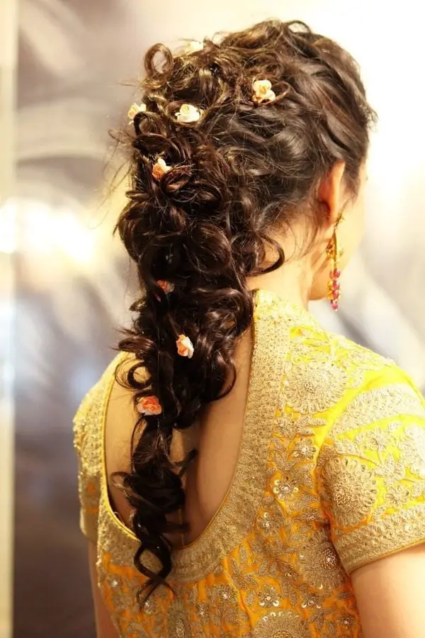 Dark Brown Curly Braid With Flowers, Mid-Back Dark Brown Curly Braid With Flowers, Mid-Back — Trendy Curly Hair Wedding