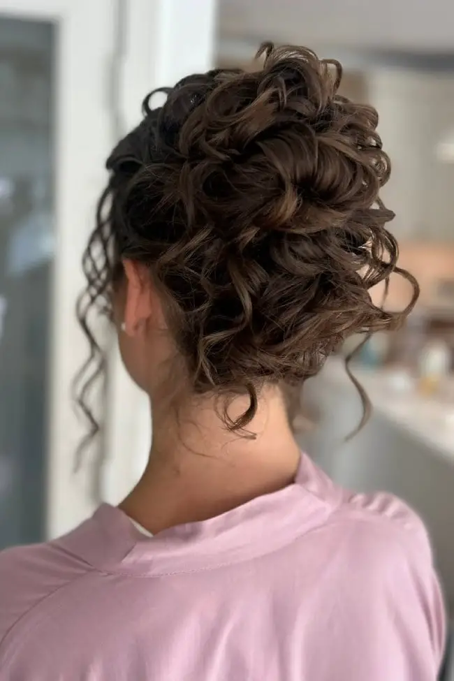 Dark Brown Textured Messy Updo Dark Brown Textured Messy Updo — Trendy Curly Hair Wedding