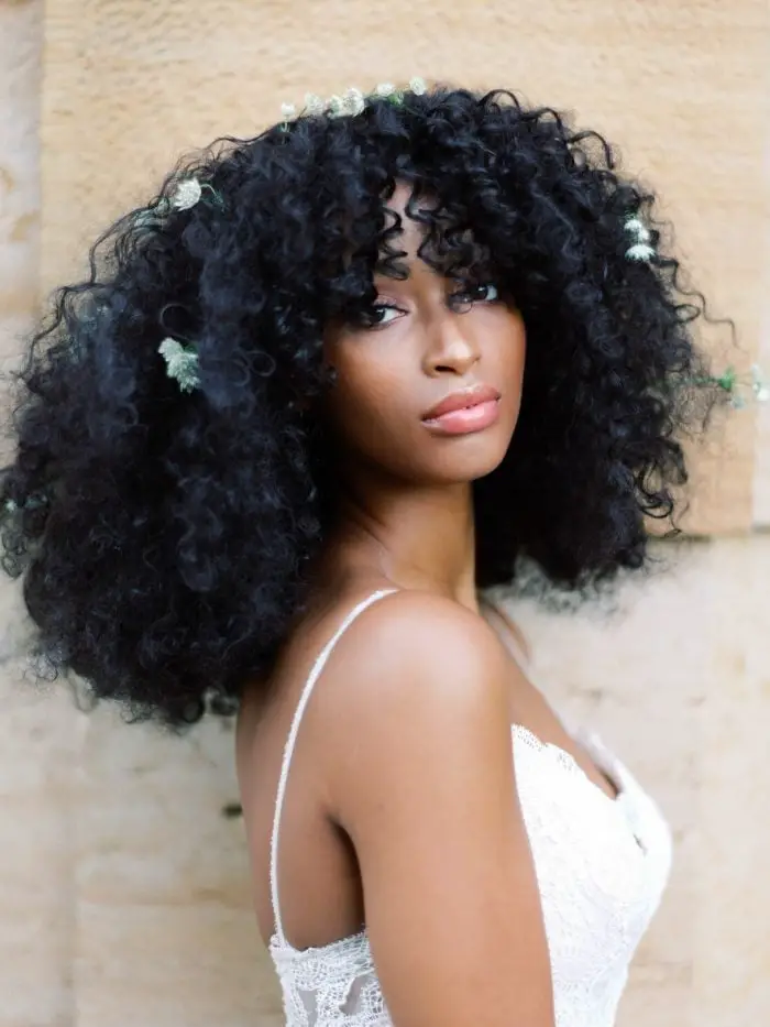 Black Shoulder Length Natural Curls With Bangs Black Shoulder Length Natural Curls With Bangs — Trendy Curly Hair Wedding