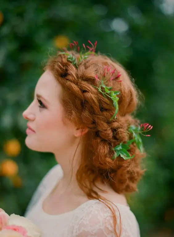 Red Curly Braided Crown With Tendrils Red Curly Braided Crown With Tendrils — Trendy Curly Hair Wedding