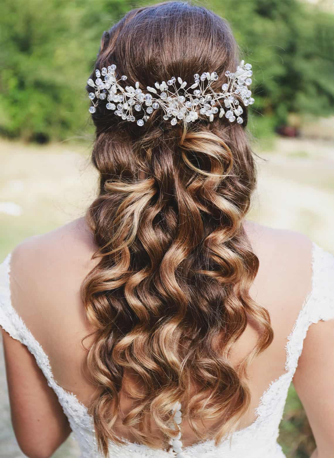Brown Balayage Half Up Half Down Curls Brown Balayage Half Up Half Down Curls — Trendy Curly Hair Wedding