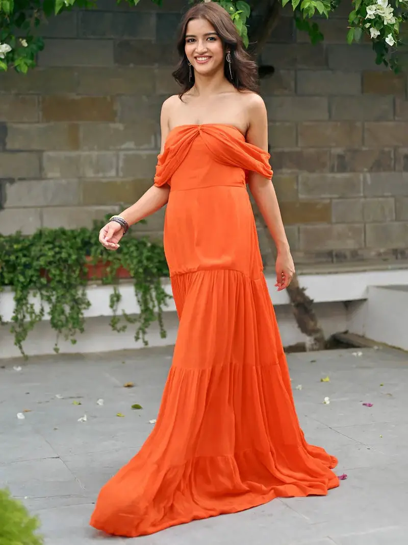 Orange Off-The-Shoulder Tiered Maxi Dress Orange Off-The-Shoulder Tiered Maxi Dress — Trendy Cute Birthday Outfit