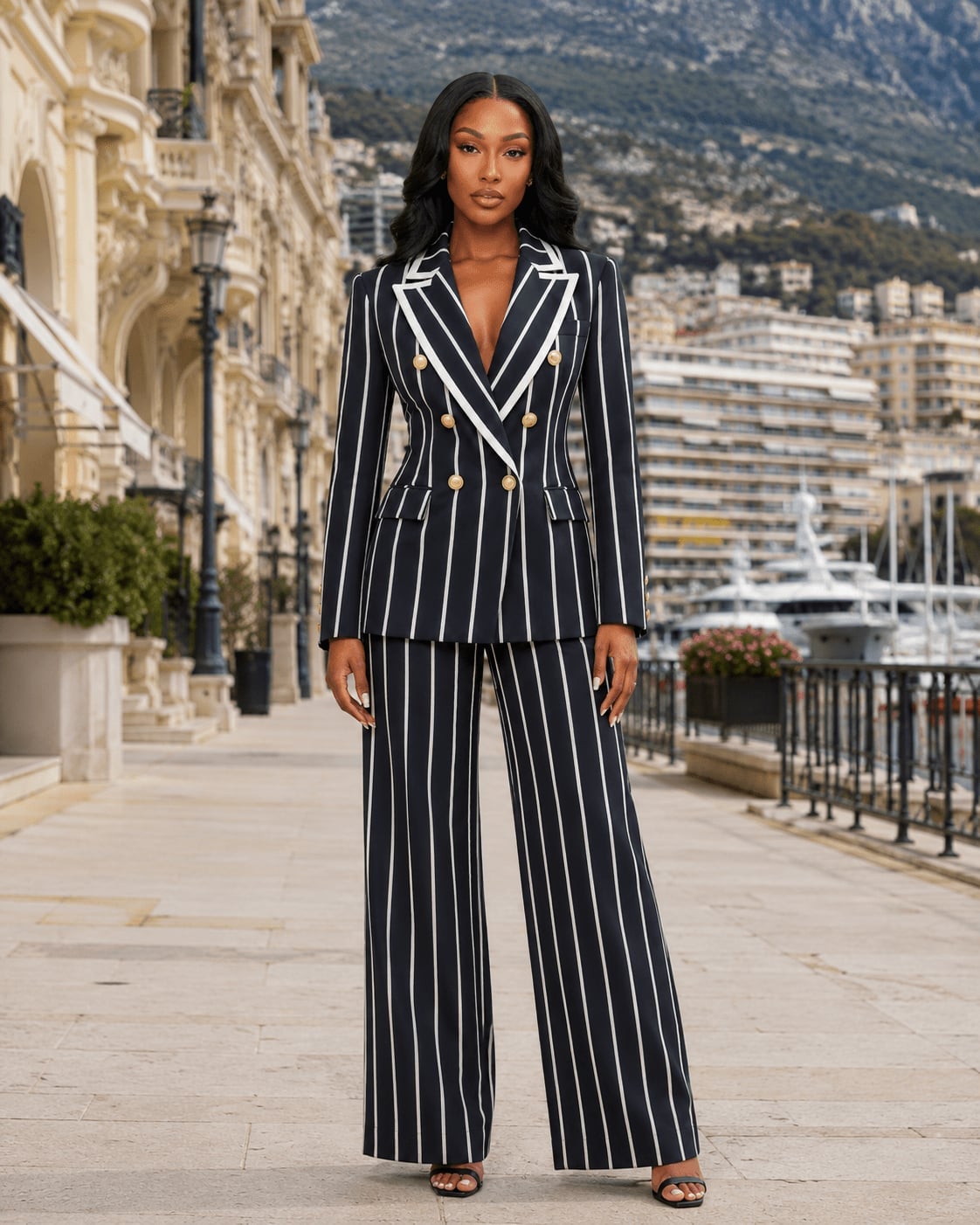 Navy Pinstripe Blazer And Wide-Leg Pants Suit Navy Pinstripe Blazer And Wide-Leg Pants Suit — Trendy Cute Birthday Outfit