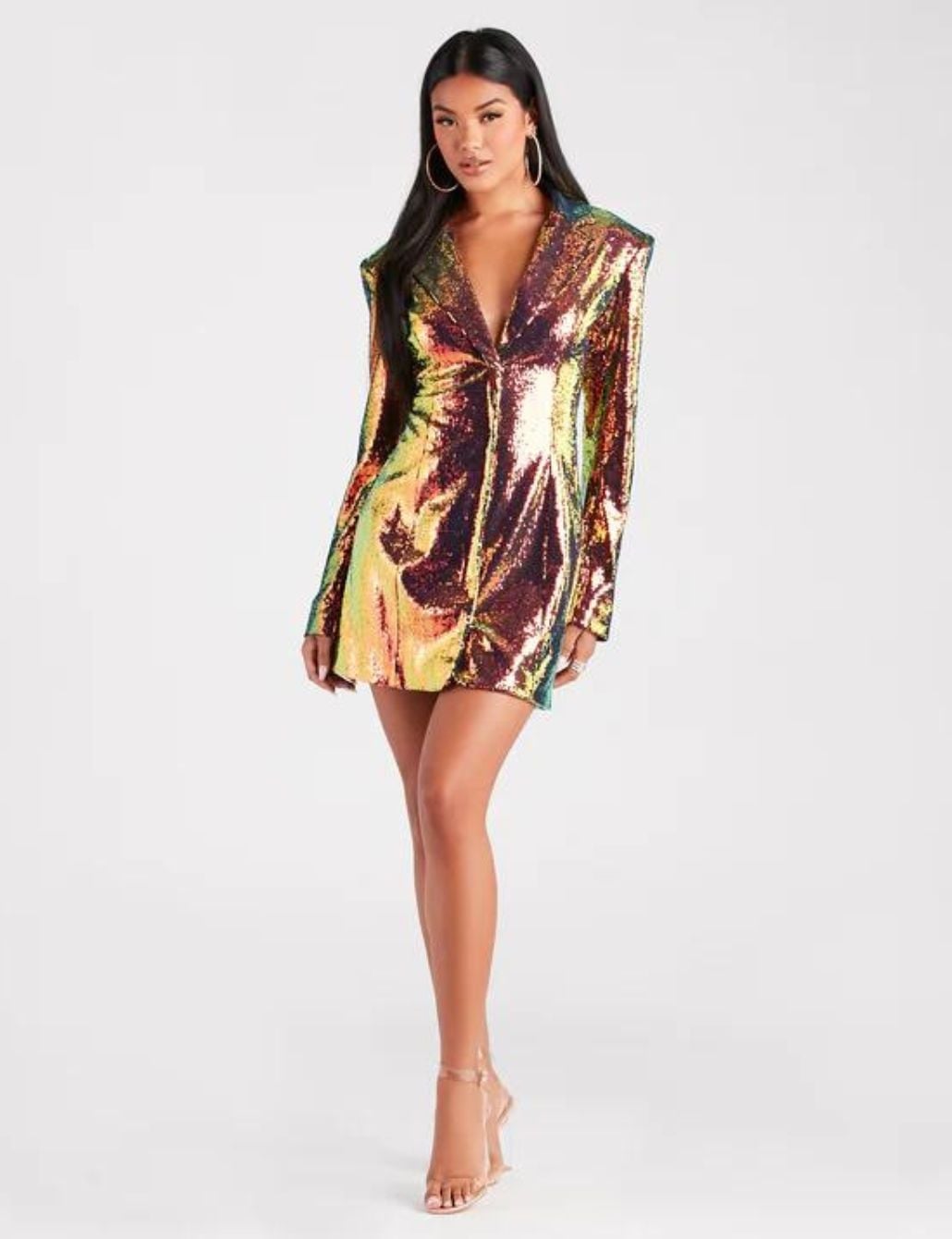 Iridescent Sequin Mini Dress With Plunging Neckline Iridescent Sequin Mini Dress With Plunging Neckline — Trendy Cute Birthday Outfit