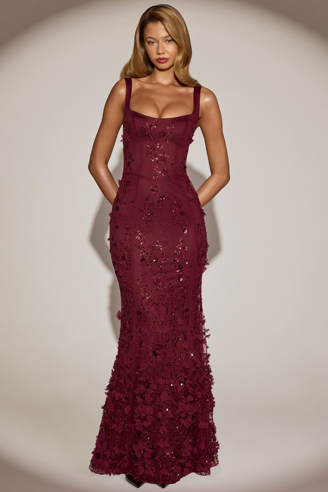 Maroon Sequin Gown With Floral Appliques Maroon Sequin Gown With Floral Appliques — Trendy Cute Birthday Outfit