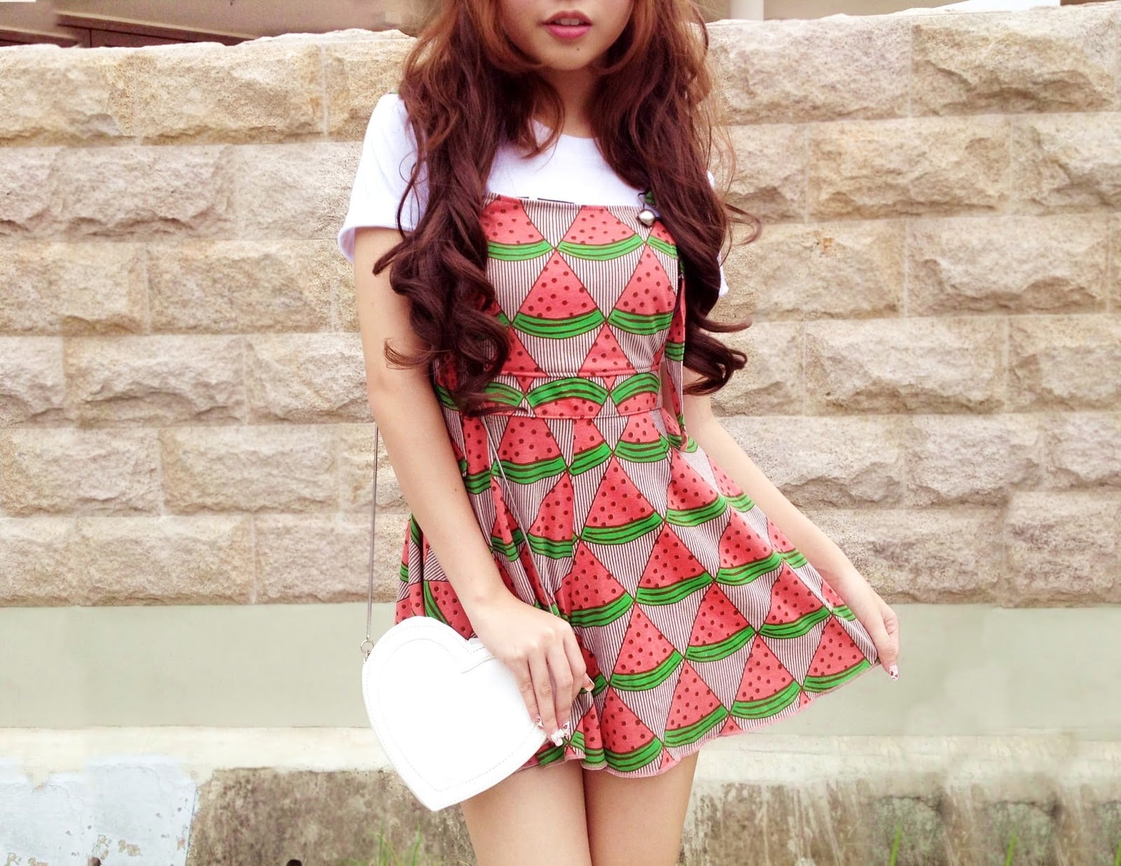 Watermelon Print Pinafore Dress Over T-shirt Watermelon Print Pinafore Dress Over T-shirt — Trendy Cute Birthday Outfit