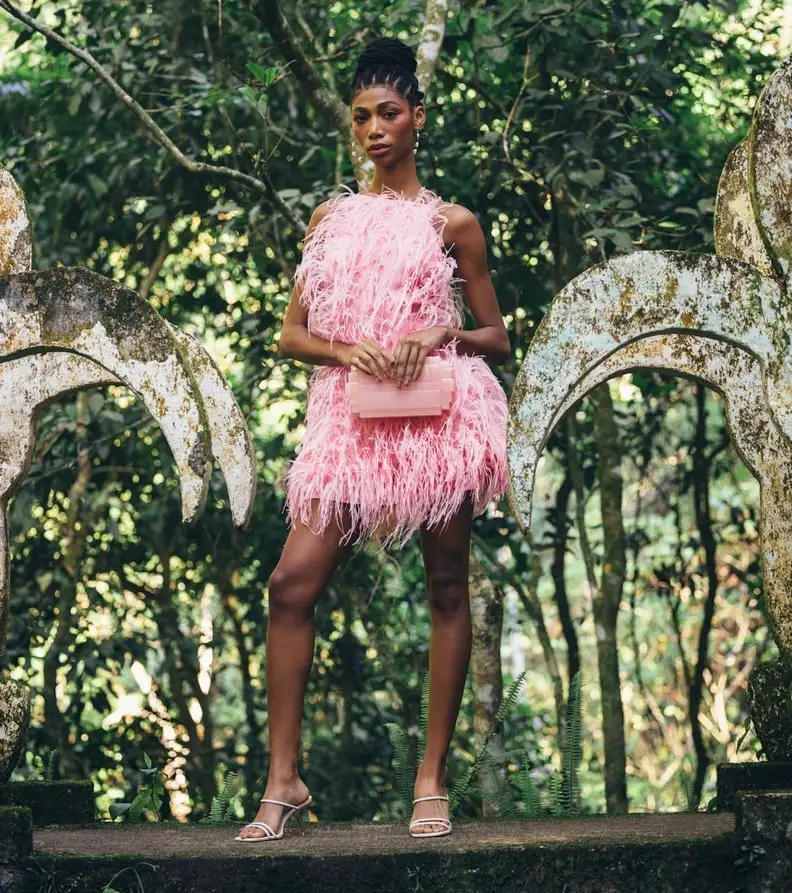 Pink Feather-Trimmed Mini Dress With Matching Clutch Pink Feather-Trimmed Mini Dress With Matching Clutch — Trendy Cute Birthday Outfit