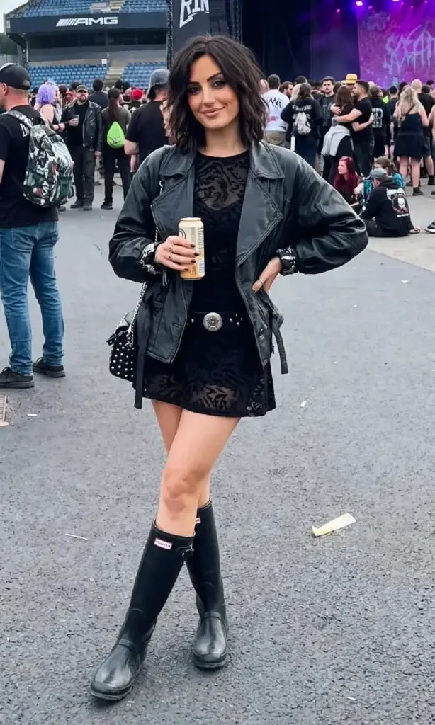 Leather Jacket with Sheer Mini Dress and Tall Boots — Trendy Cute Concert Outfit