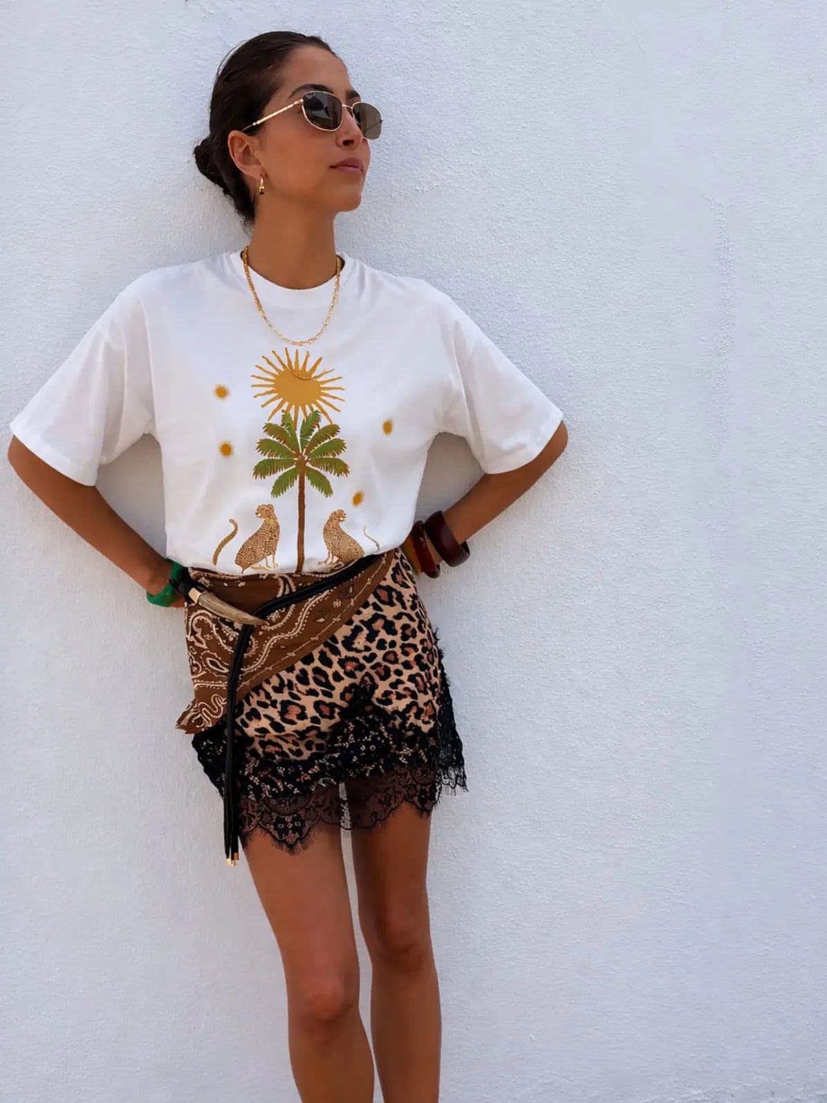 Graphic T-Shirt with Leopard Print Shorts and Lace Trim — Trendy Cute Concert Outfit