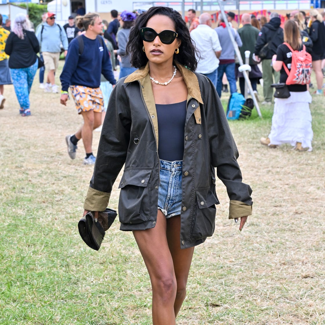 Utility Jacket Over Bodysuit with Brown Boots — Trendy Cute Concert Outfit