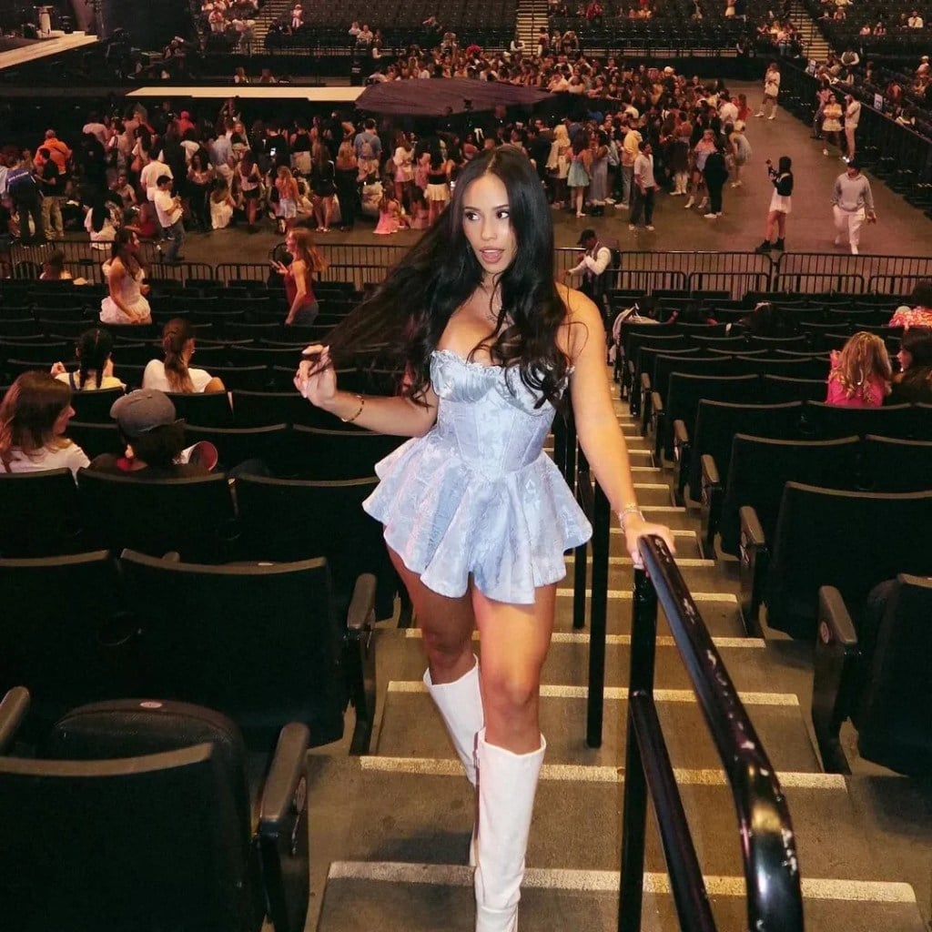 Satin Corset Mini Dress with White Knee-High Boots, Fitted — Trendy Cute Concert Outfit
