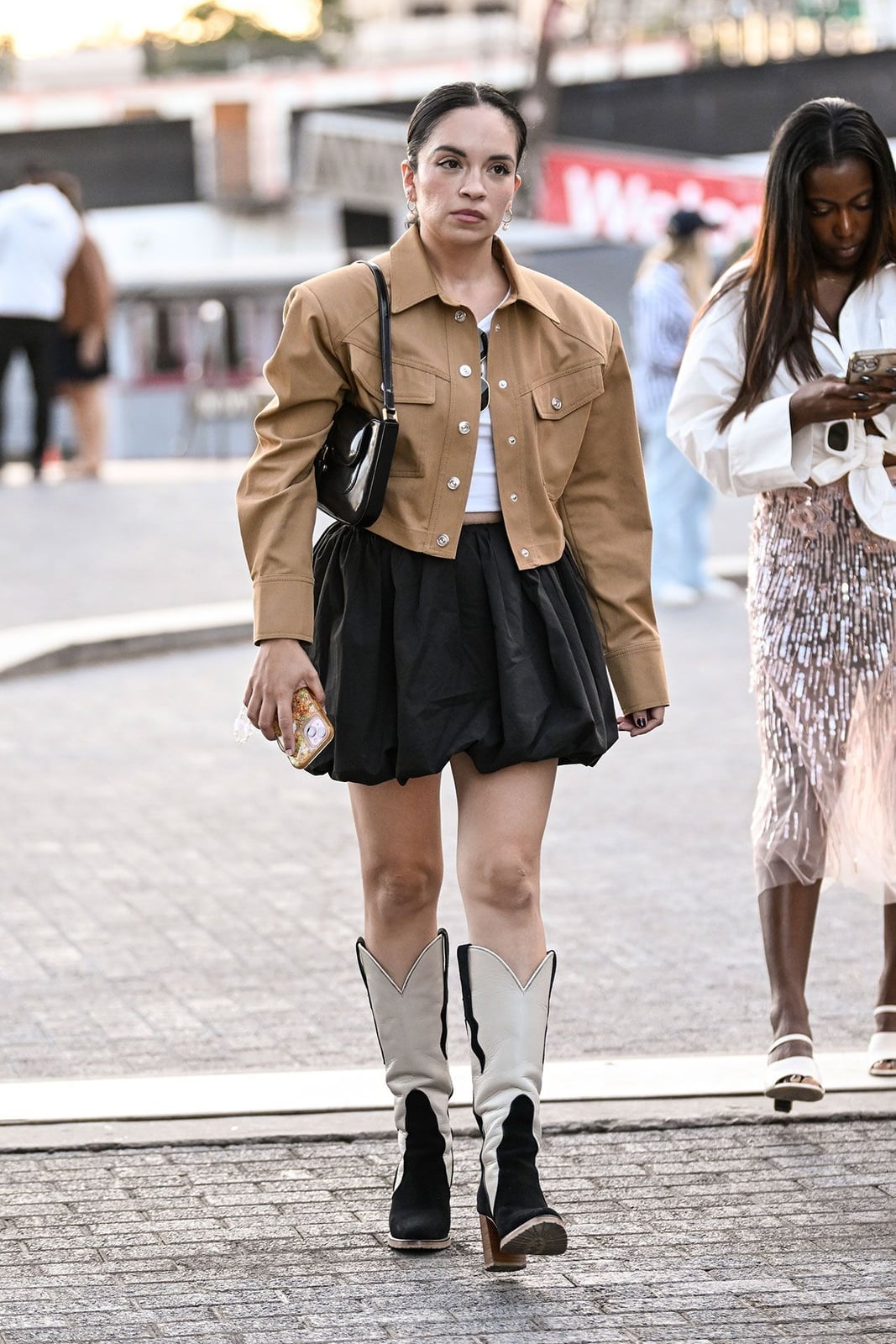 Cropped Jacket Over White Top with Bubble Skirt — Trendy Cute Concert Outfit