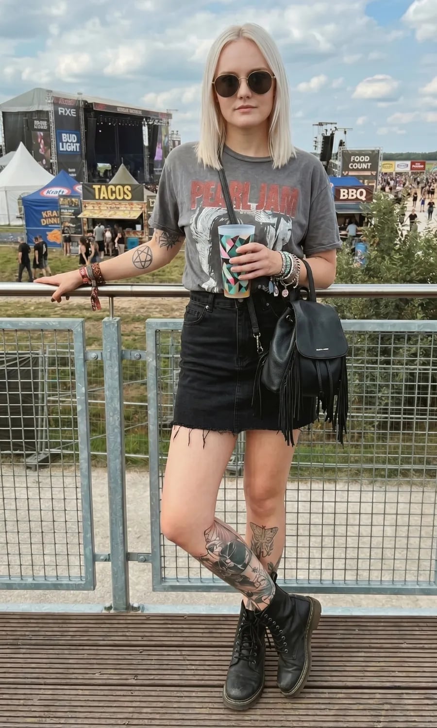 Band T-Shirt with Denim Mini Skirt and Combat Boots — Trendy Cute Concert Outfit
