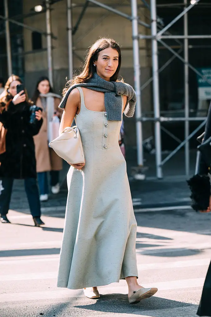 Light Blue Midi Dress with Gray Knit Scarf Light Blue Midi Dress with Gray Knit Scarf — Trendy Cute Dinner Outfit