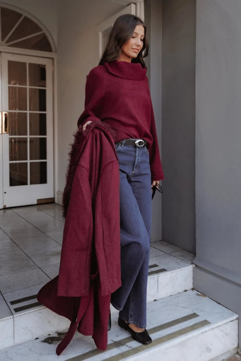 Burgundy Turtleneck Sweater with Wide-Leg Jeans Burgundy Turtleneck Sweater with Wide-Leg Jeans — Trendy Cute Dinner Outfit