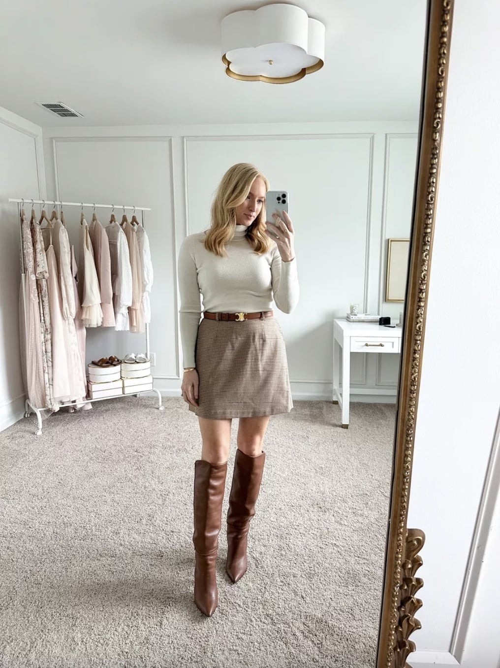 Cream Turtleneck with Tweed Mini Skirt and Knee-High Boots Cream Turtleneck with Tweed Mini Skirt and Knee-High Boots — Trendy Cute Dinner Outfit