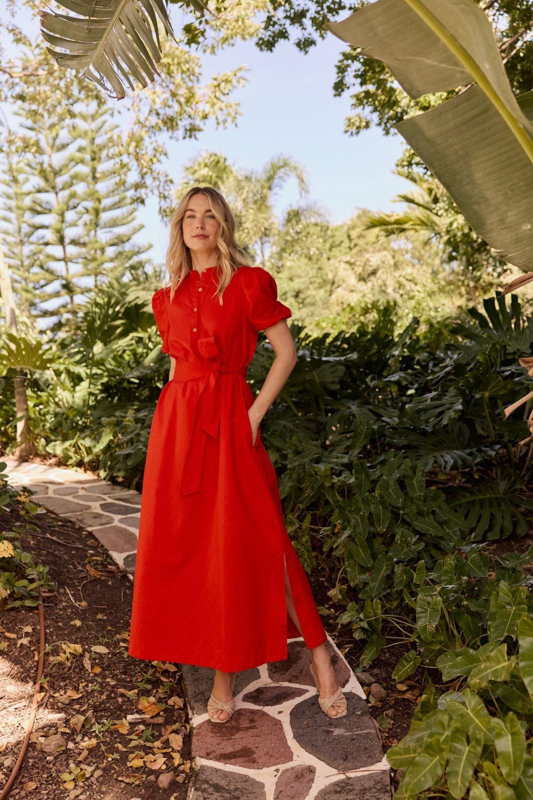 Vibrant Red Linen Blend Midi Dress with Puff Sleeves Vibrant Red Linen Blend Midi Dress with Puff Sleeves — Trendy Cute Dinner Outfit