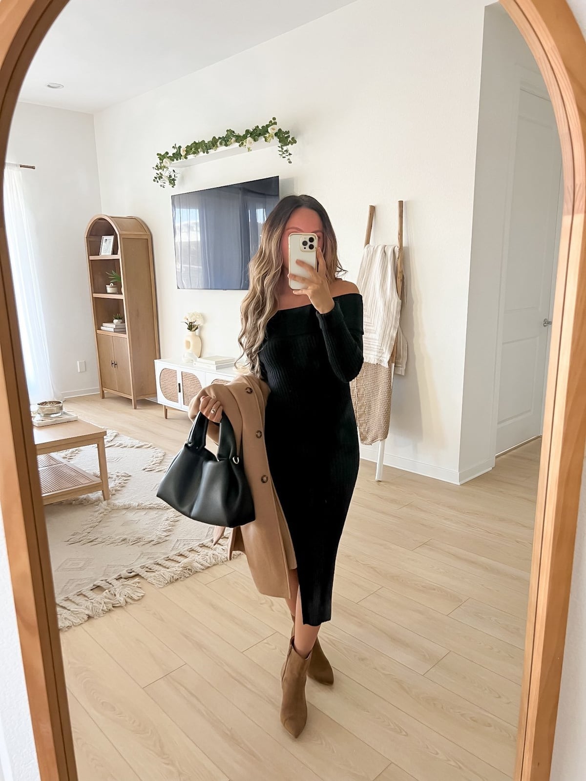 Black Off-The-Shoulder Knit Dress with Camel Coat Black Off-The-Shoulder Knit Dress with Camel Coat — Trendy Cute Dinner Outfit