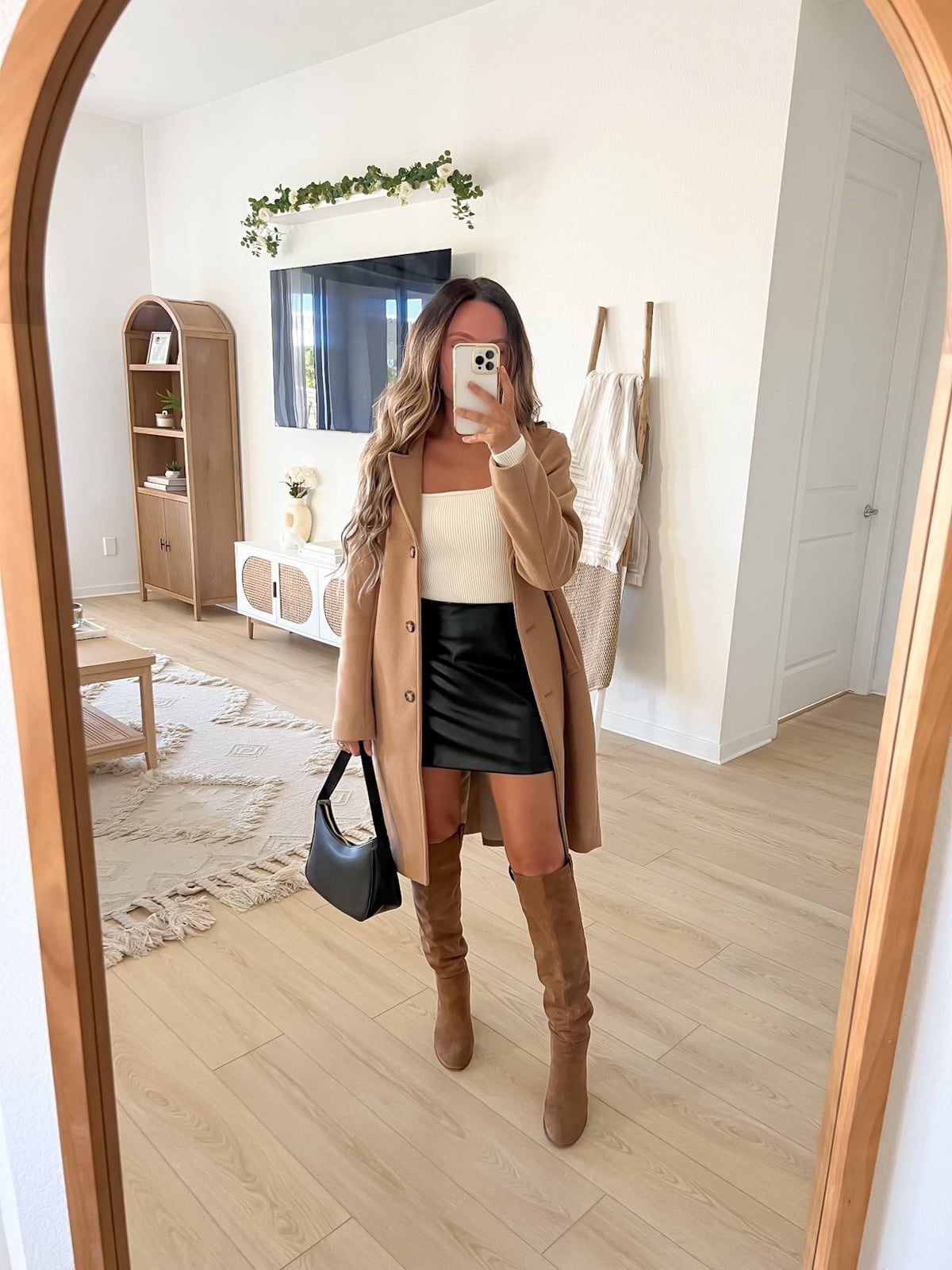 Camel Wool Coat Over Faux Leather Mini Skirt Camel Wool Coat Over Faux Leather Mini Skirt — Trendy Cute Dinner Outfit