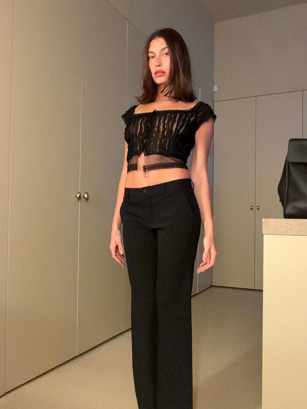 Sheer Lace Off-The-Shoulder Top with Wide-Leg Trousers Sheer Lace Off-The-Shoulder Top with Wide-Leg Trousers — Trendy Cute Dinner Outfit