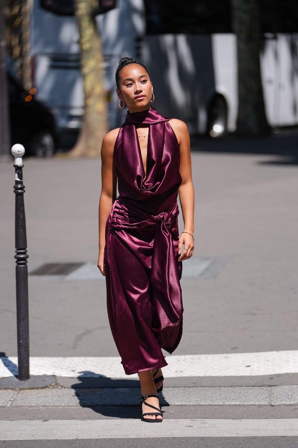 Deep Purple Satin Dress with Cowl Neckline Deep Purple Satin Dress with Cowl Neckline — Trendy Cute Dinner Outfit