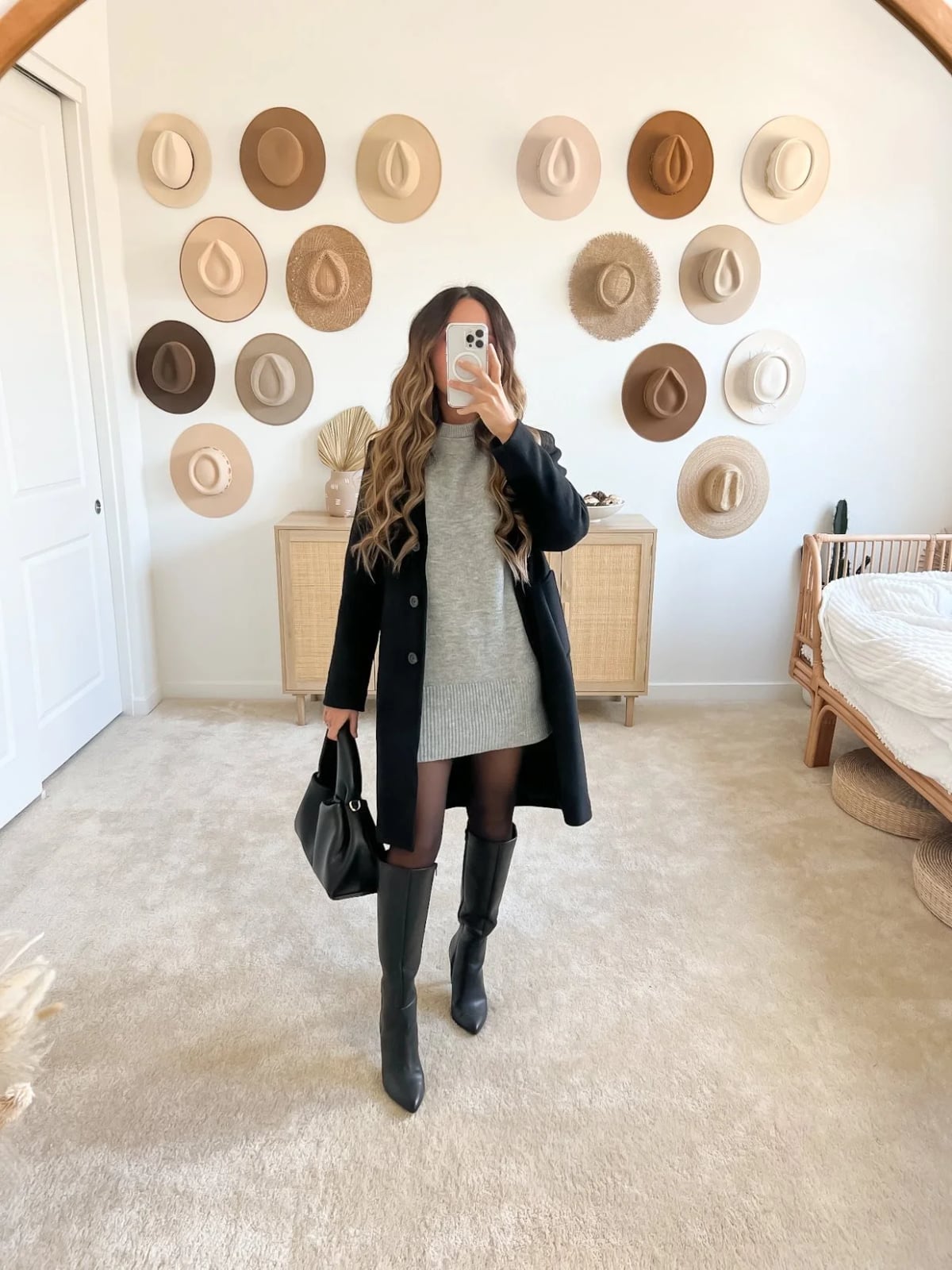Gray Knit Dress with Knee-High Boots and Wool Coat Gray Knit Dress with Knee-High Boots and Wool Coat — Trendy Cute Dinner Outfit
