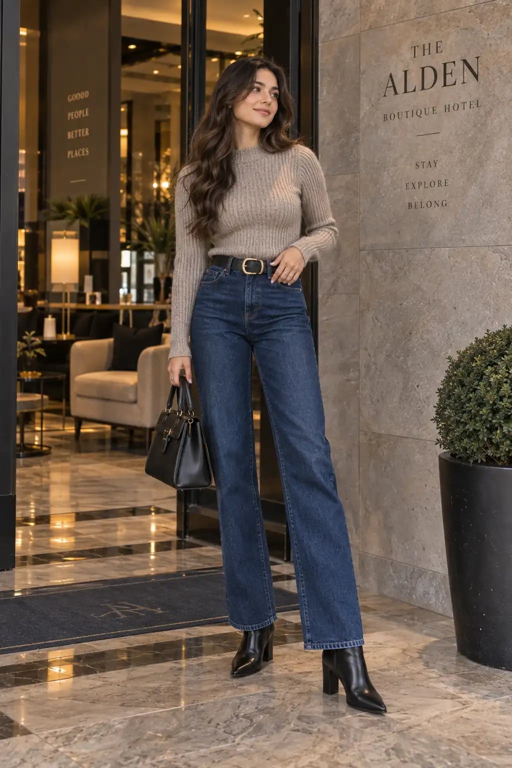 Dark Wash Straight Leg Jeans With Fitted Knit Dark Wash Straight Leg Jeans With Fitted Knit — Trendy Cute Jeans Outfit