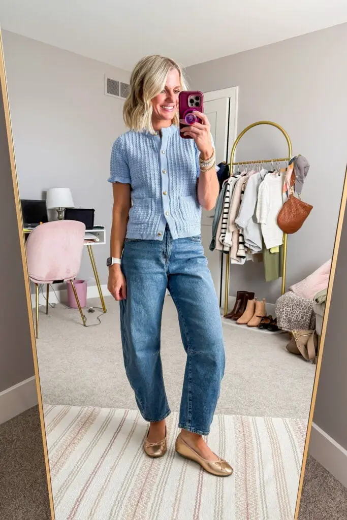Barrel Leg Jeans With Knit Cardigan Barrel Leg Jeans With Knit Cardigan — Trendy Cute Jeans Outfit