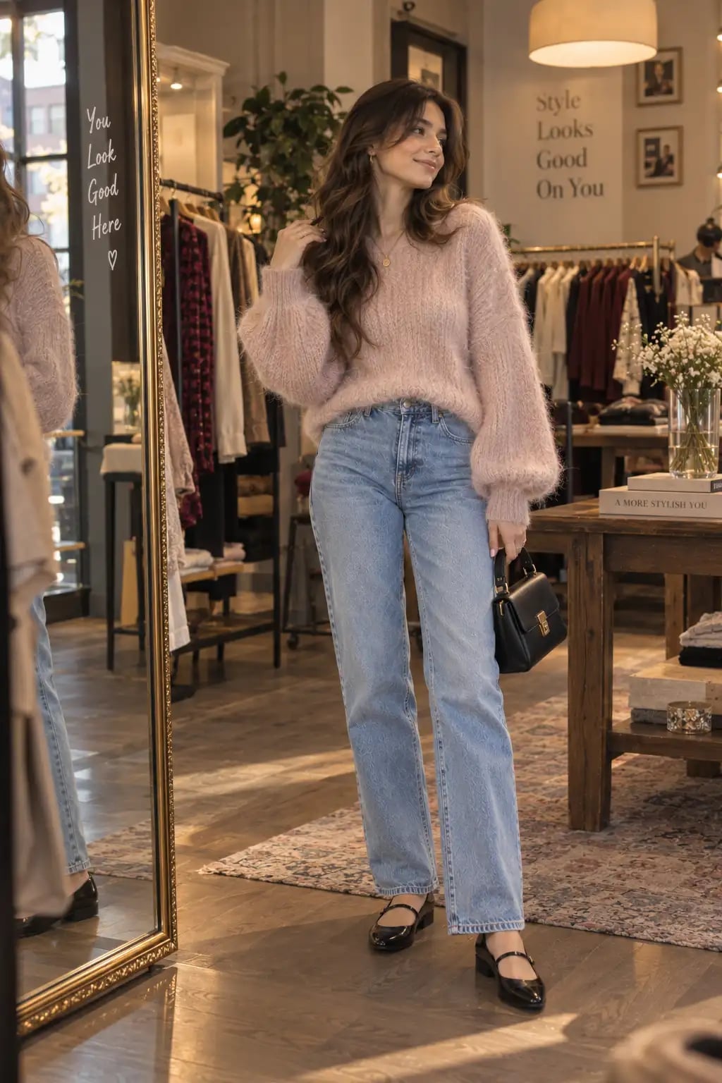 Light Wash Straight Leg Jeans With Fuzzy Sweater Light Wash Straight Leg Jeans With Fuzzy Sweater — Trendy Cute Jeans Outfit